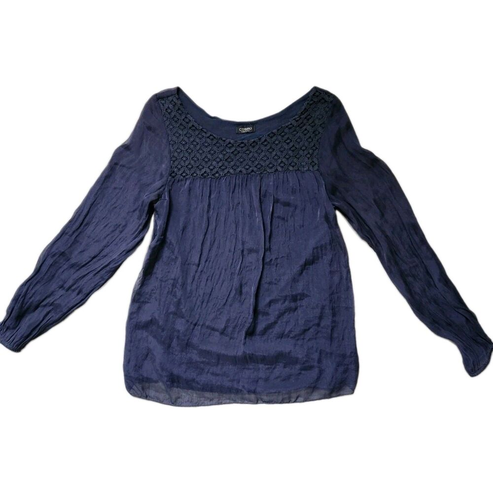Cosmo Navy Silk Blouse Crochet Detail Lined Long Sleeve Made Italy Womens XS GUC